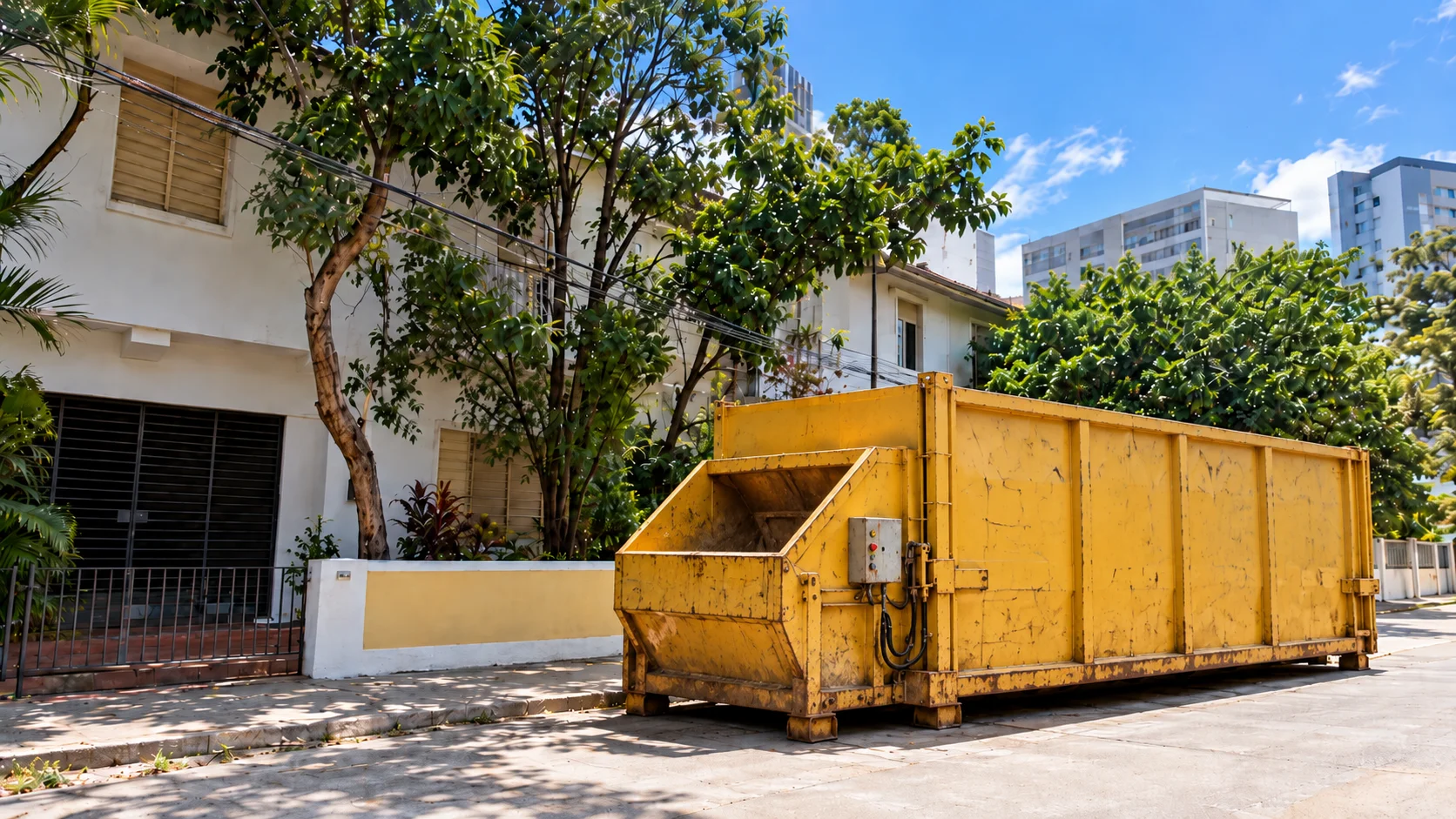 Compactador de lixo amarelo estacionado numa rua residencial, ao lado de casas e árvores