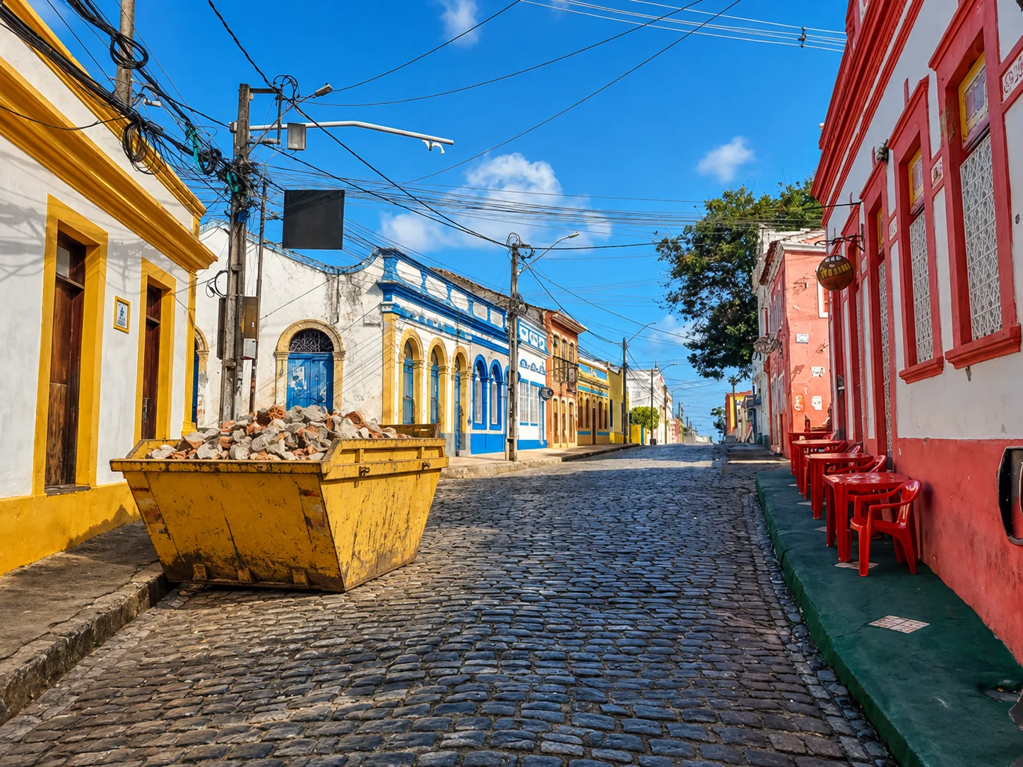 Caçamba amarela cheia de entulho numa rua de paralelepípedo, entre casarões coloridos do centro histórico