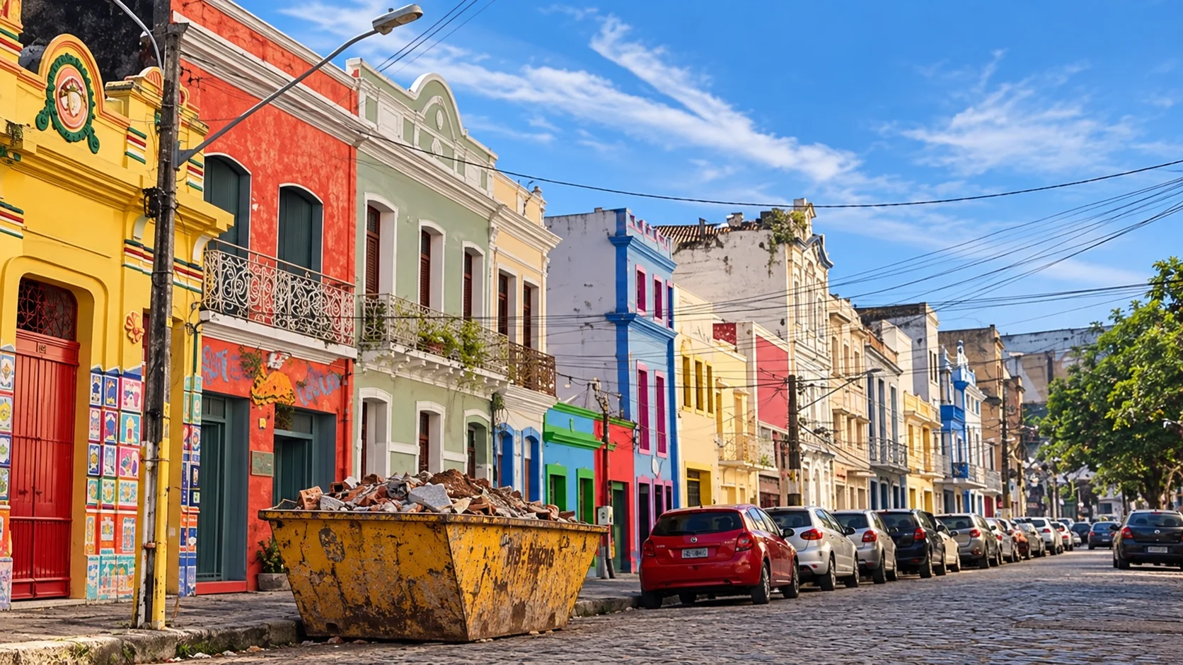 Caçamba amarela cheia de entulho numa rua de casarões coloridos, com carros estacionados ao longo da calçada