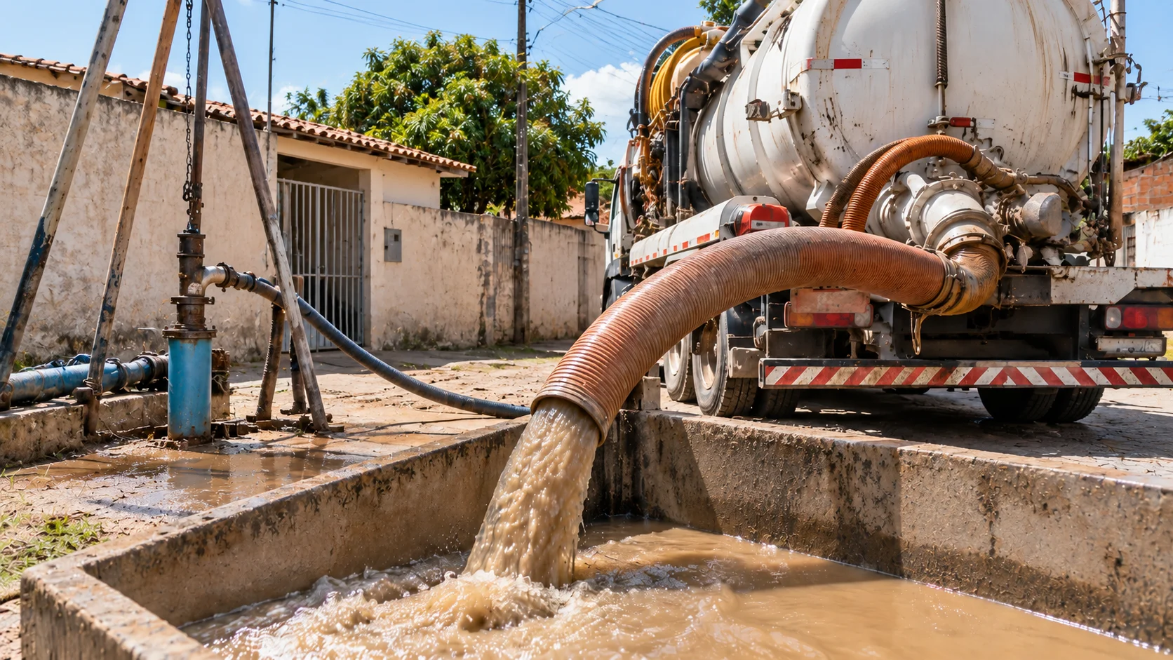 Caminhão com mangueira bombeando lama e água de um poço artesiano para um tanque de contenção