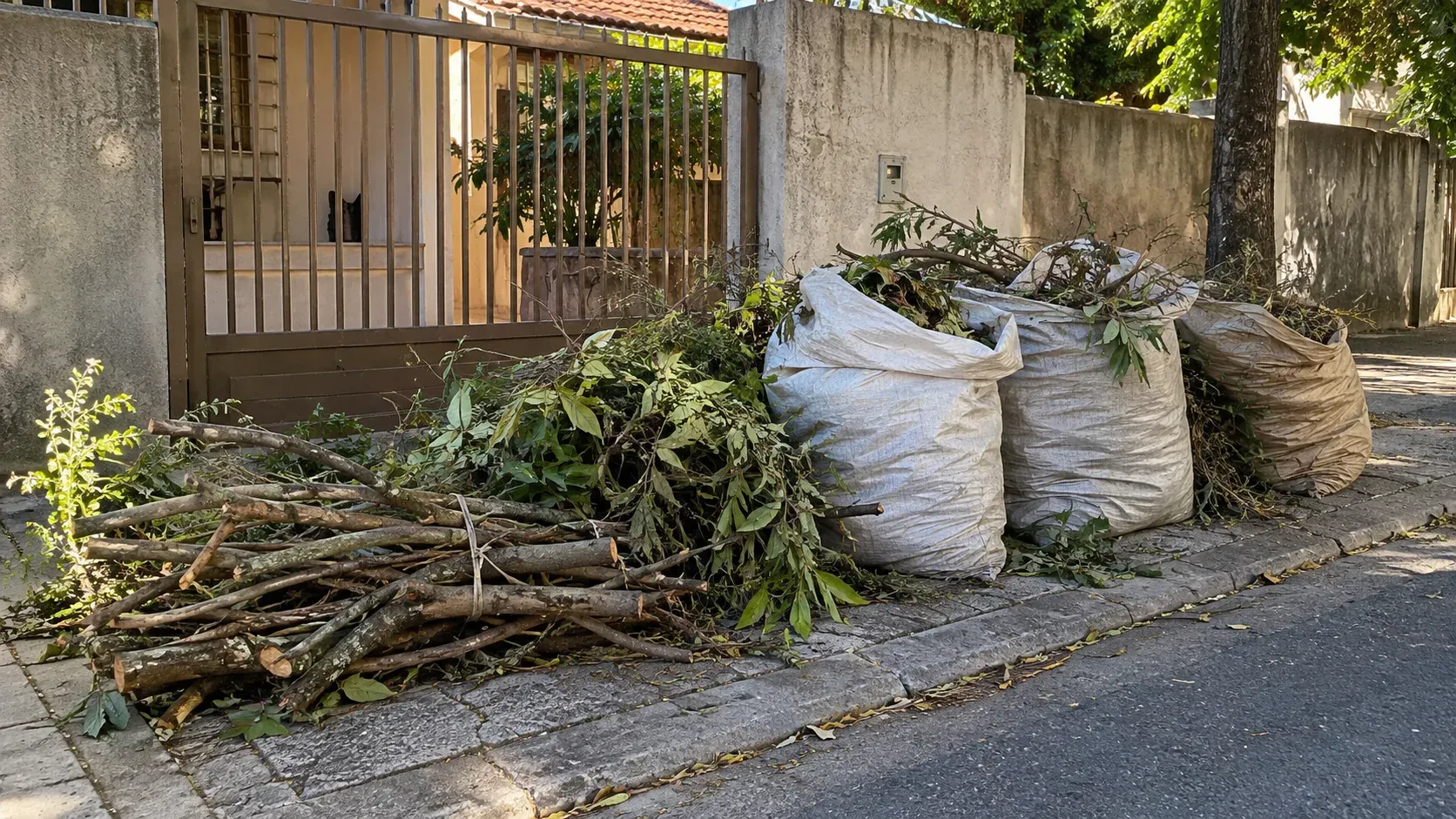 Sacos de galhos e resíduos de jardinagem empilhados junto ao portão de uma residência em Recife