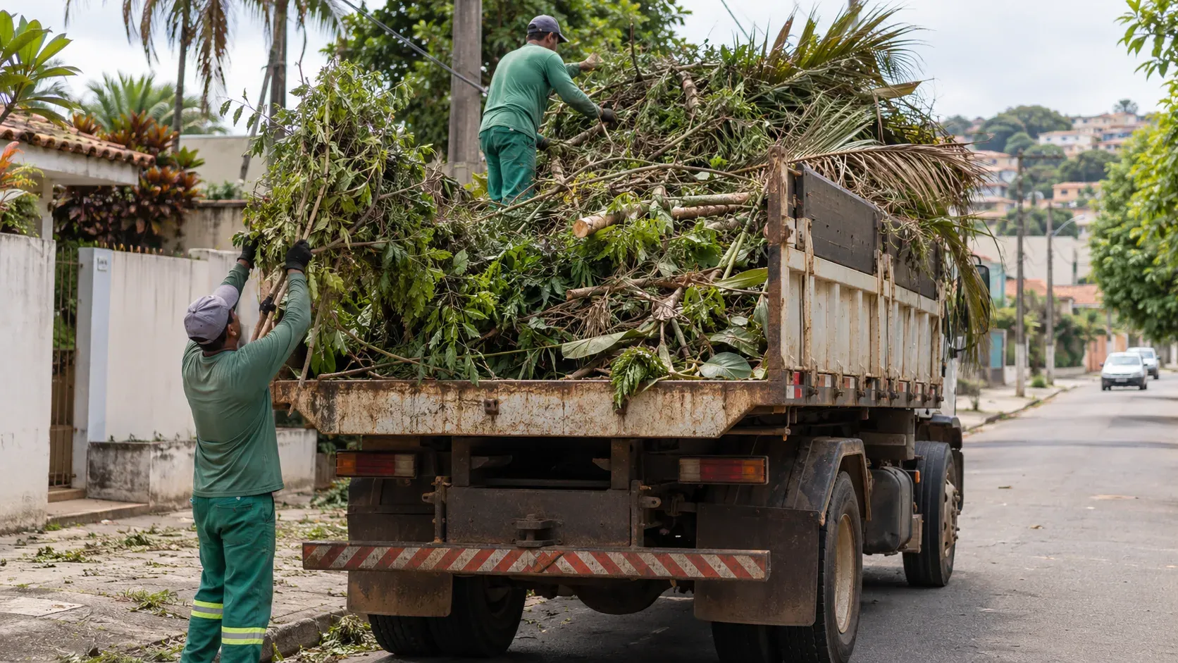 Caminhão sendo carregado com grande volume de galhos após serviço de poda