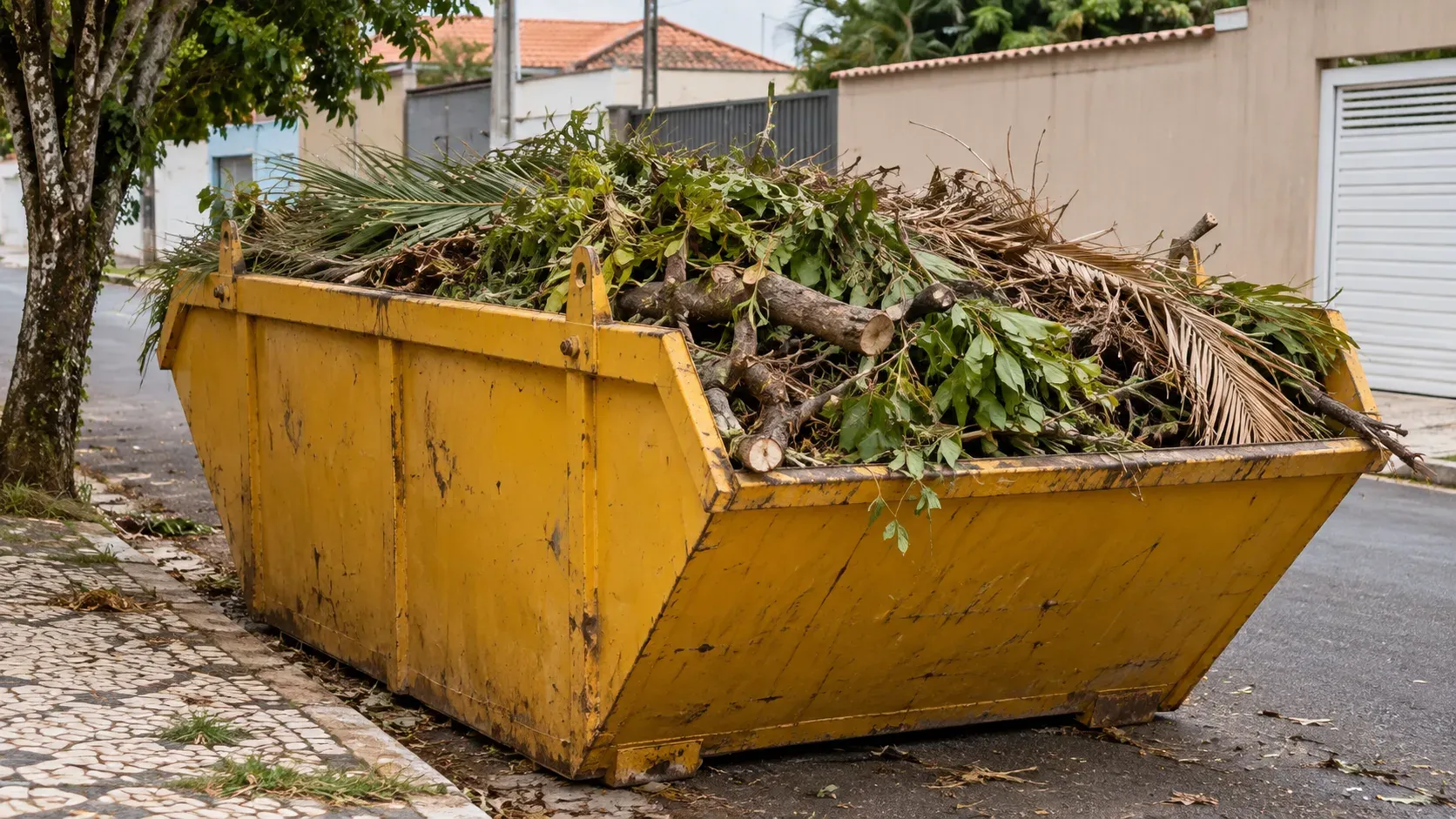 Caçamba amarela cheia de galhos e restos de poda estacionada em via pública residencial