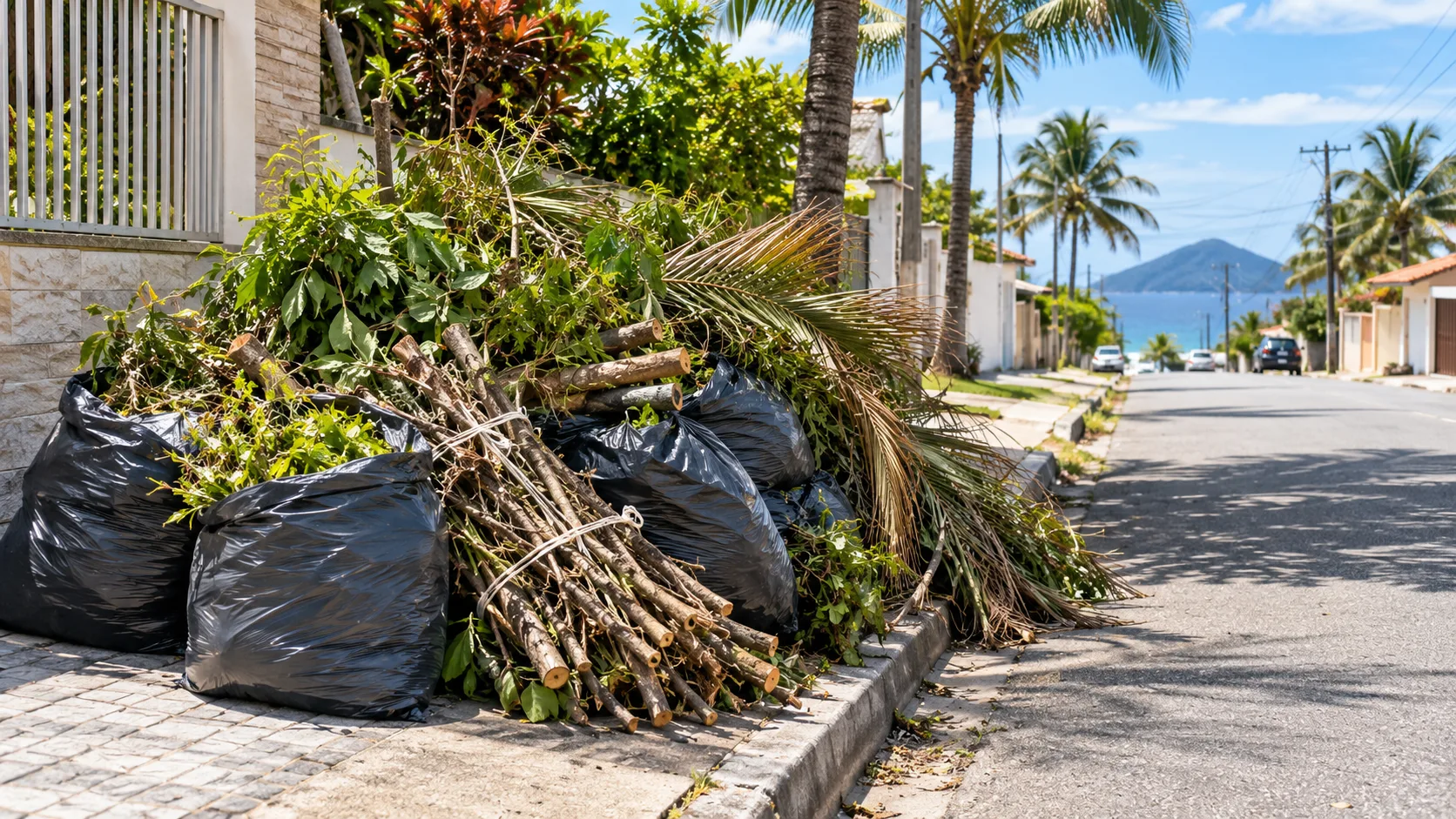 Restos de poda ensacados amontoados na calçada de uma rua residencial em Recife, prontos para a coleta