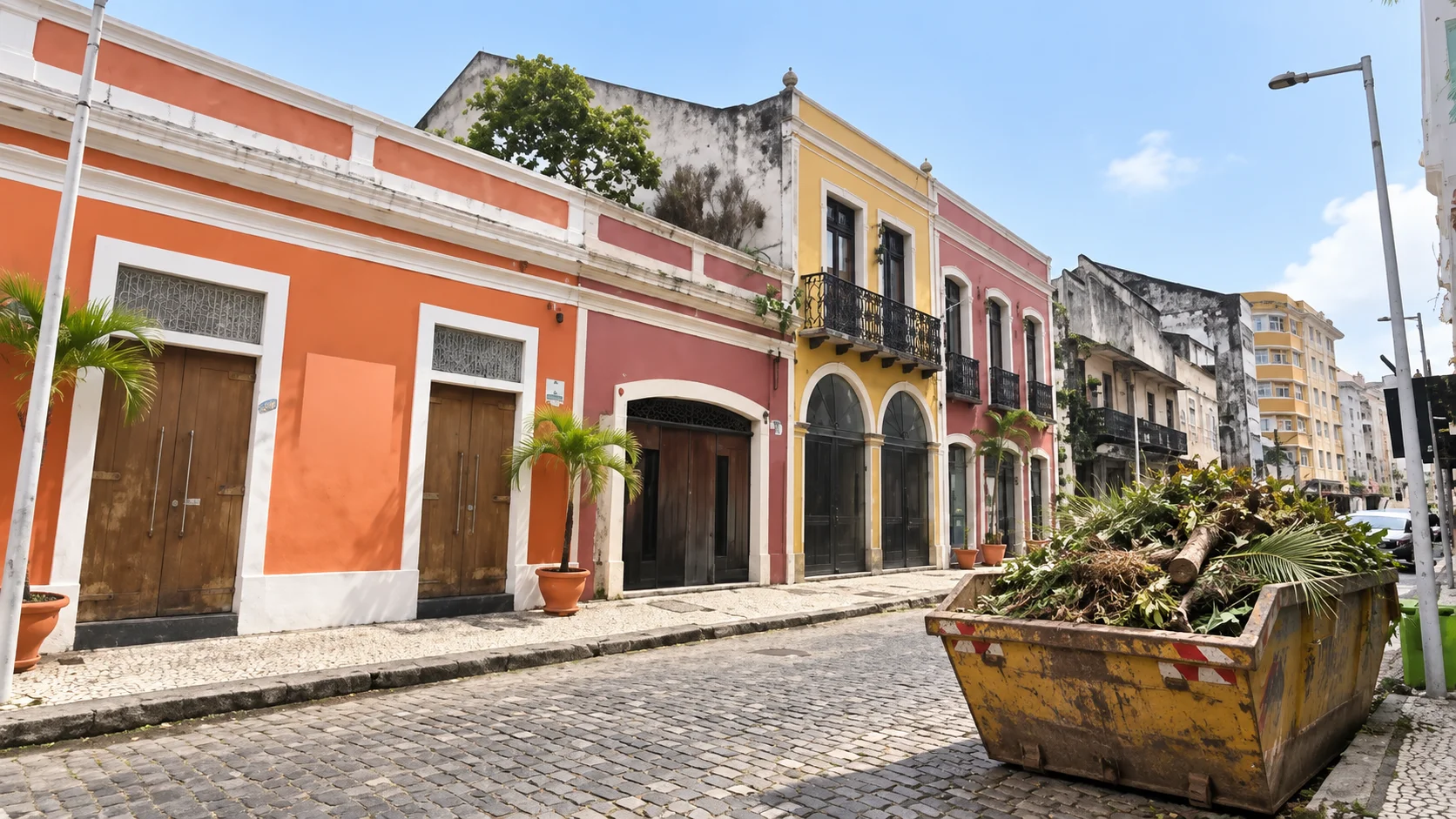 Caçamba amarela cheia de galhos e folhas de poda estacionada em rua de paralelepípedo, entre casarões coloridos do centro histórico