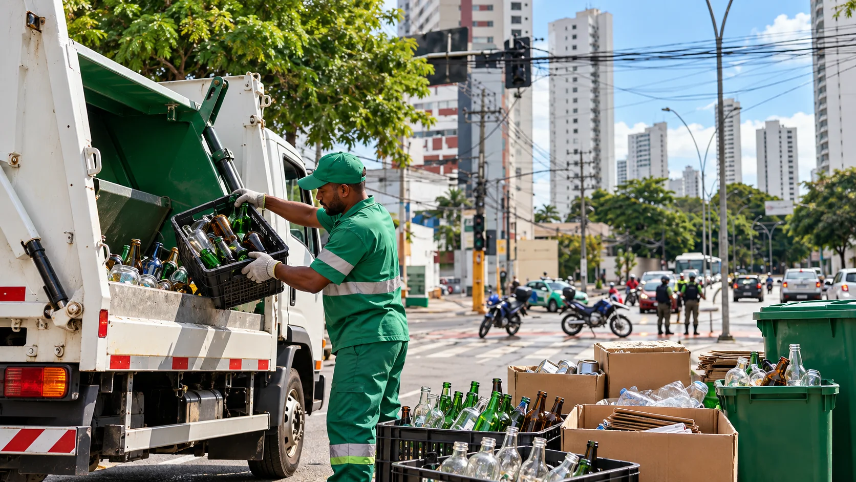Trabalhador uniformizado carregando garrafas de vidro e caixas de recicláveis na traseira de um caminhão, em rua movimentada