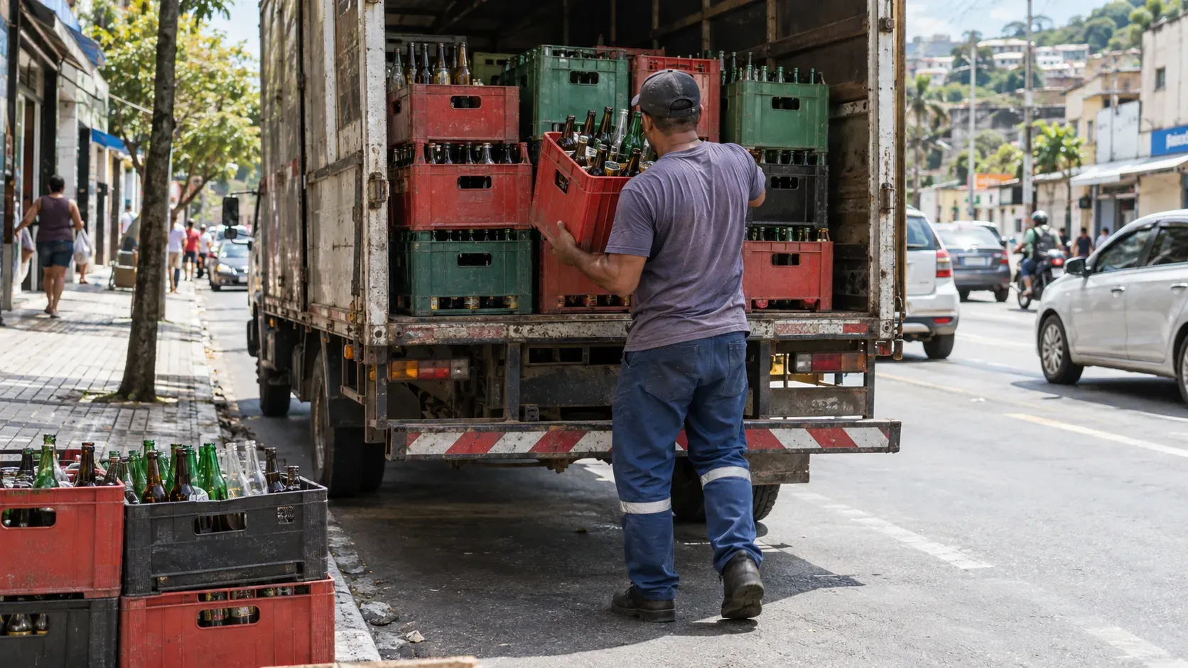 Trabalhador carregando caixas de garrafas de vidro na traseira de um caminhão