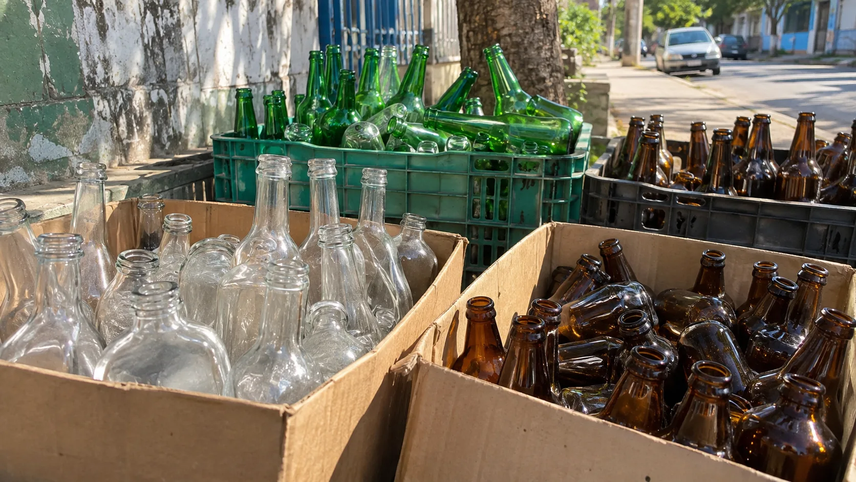 Garrafas de vidro separadas em caixas prontas para reciclagem em um ponto de coleta