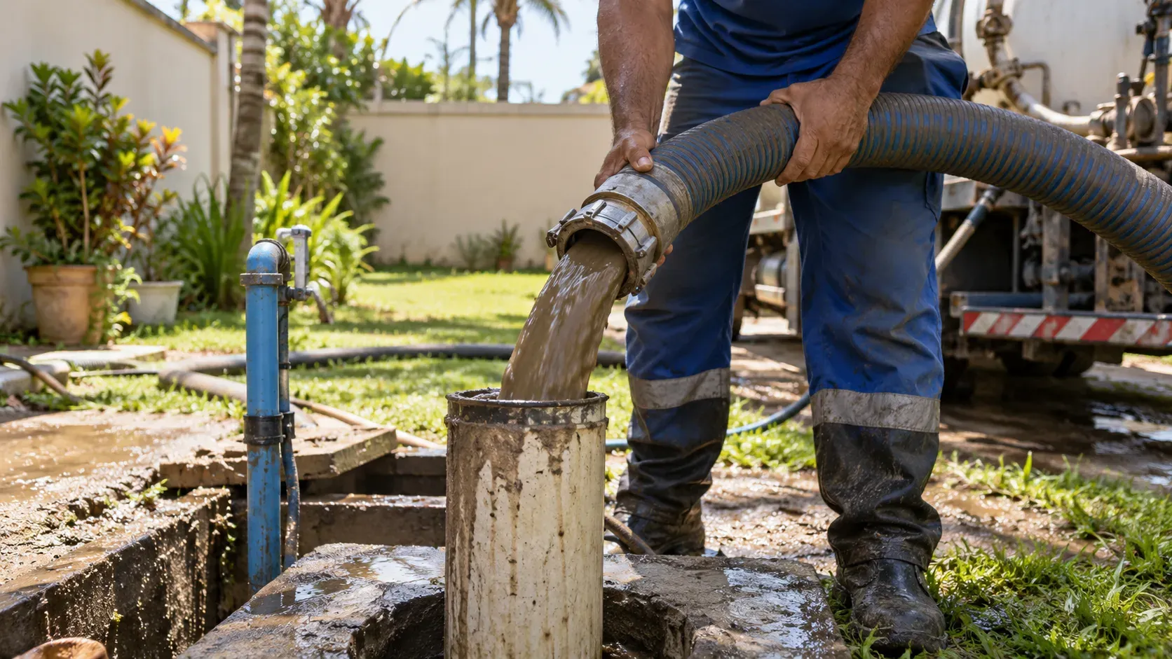 Técnico operando mangueira de limpeza durante manutenção de poço artesiano em área residencial