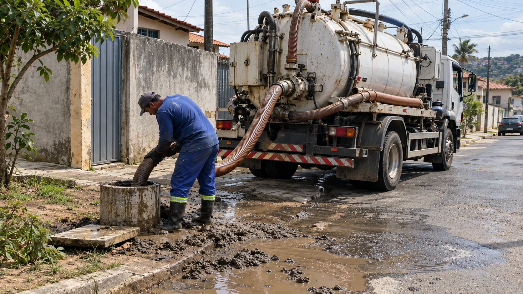 Caminhão com mangueira de sucção bombeando lama de um poço artesiano residencial