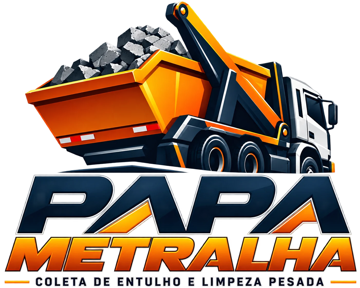 Logo da Papa Metralha: caminhão com uma caçamba laranja cheia de entulho e a frase “Coleta de entulho e limpeza pesada”