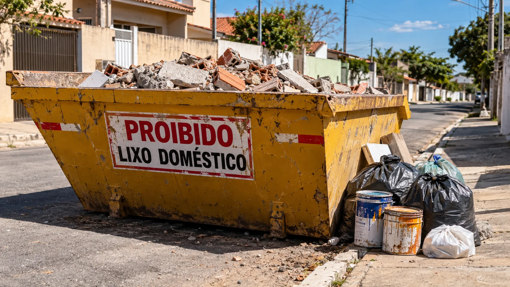 Caçamba amarela cheia de entulho de obra com placa de proibido lixo doméstico, ao lado de latas de tinta e sacos de lixo deixados na calçada