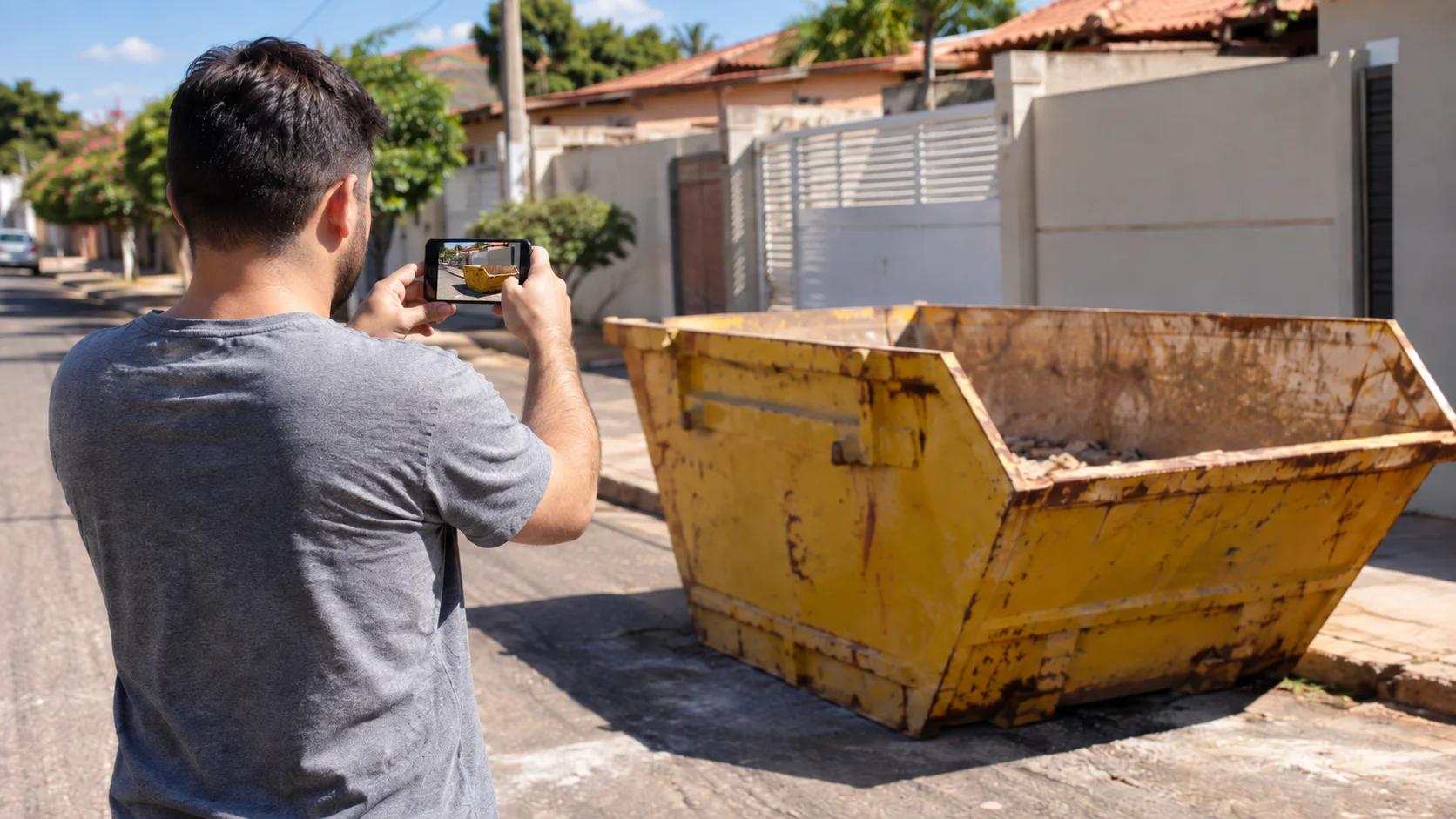 Cliente fotografando com o celular a caçamba de entulho amarela estacionada na rua, para pedir orçamento do aluguel
