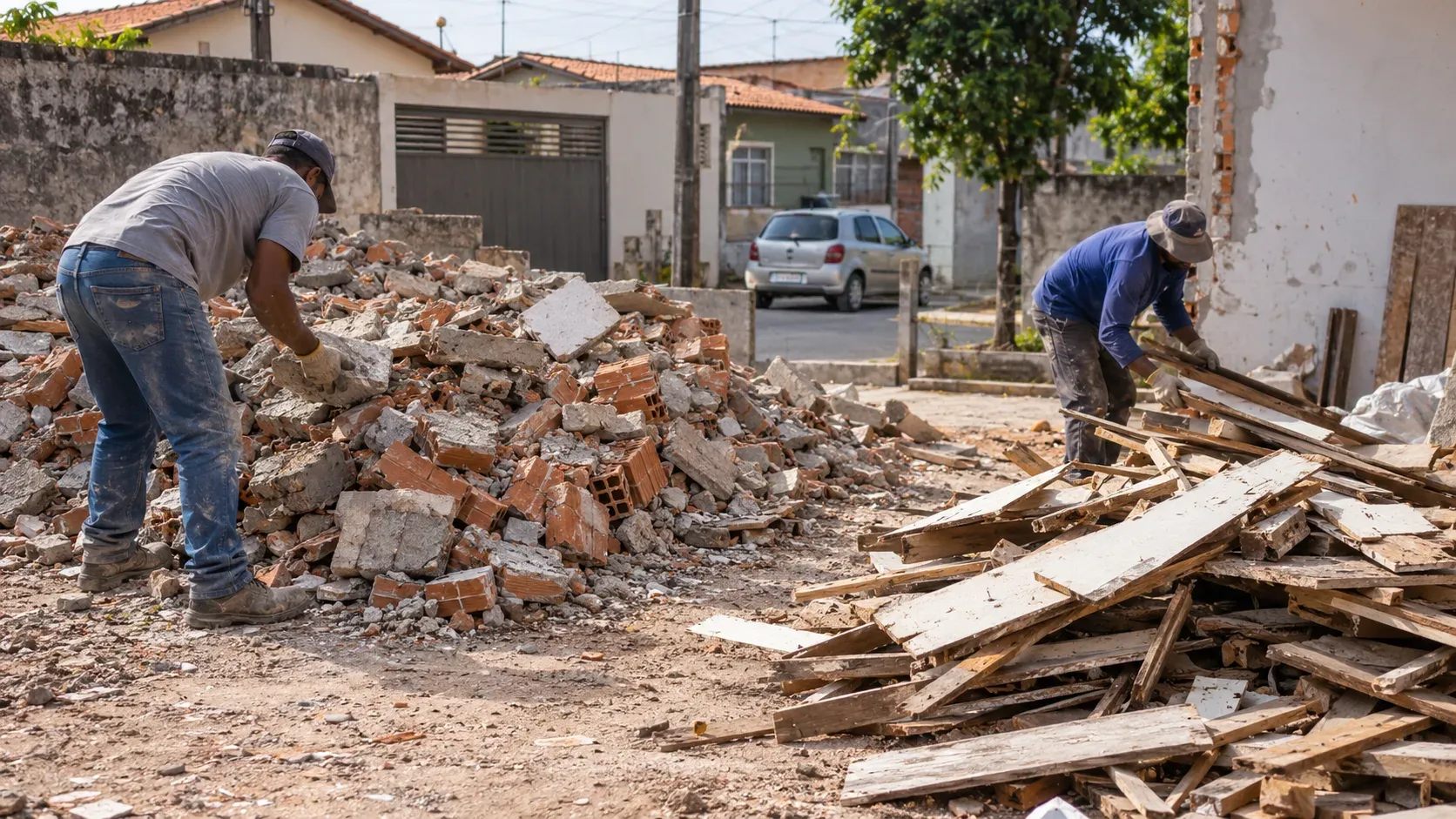 Pilha de entulho de obra sendo separada de restos de madeira antes da retirada de entulho