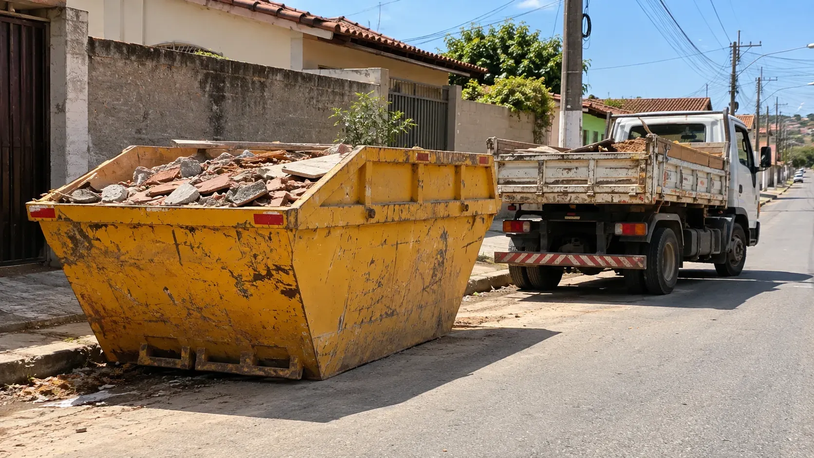 Caçamba de entulho amarela estacionada ao lado de caminhão de retirada de entulho na mesma rua residencial