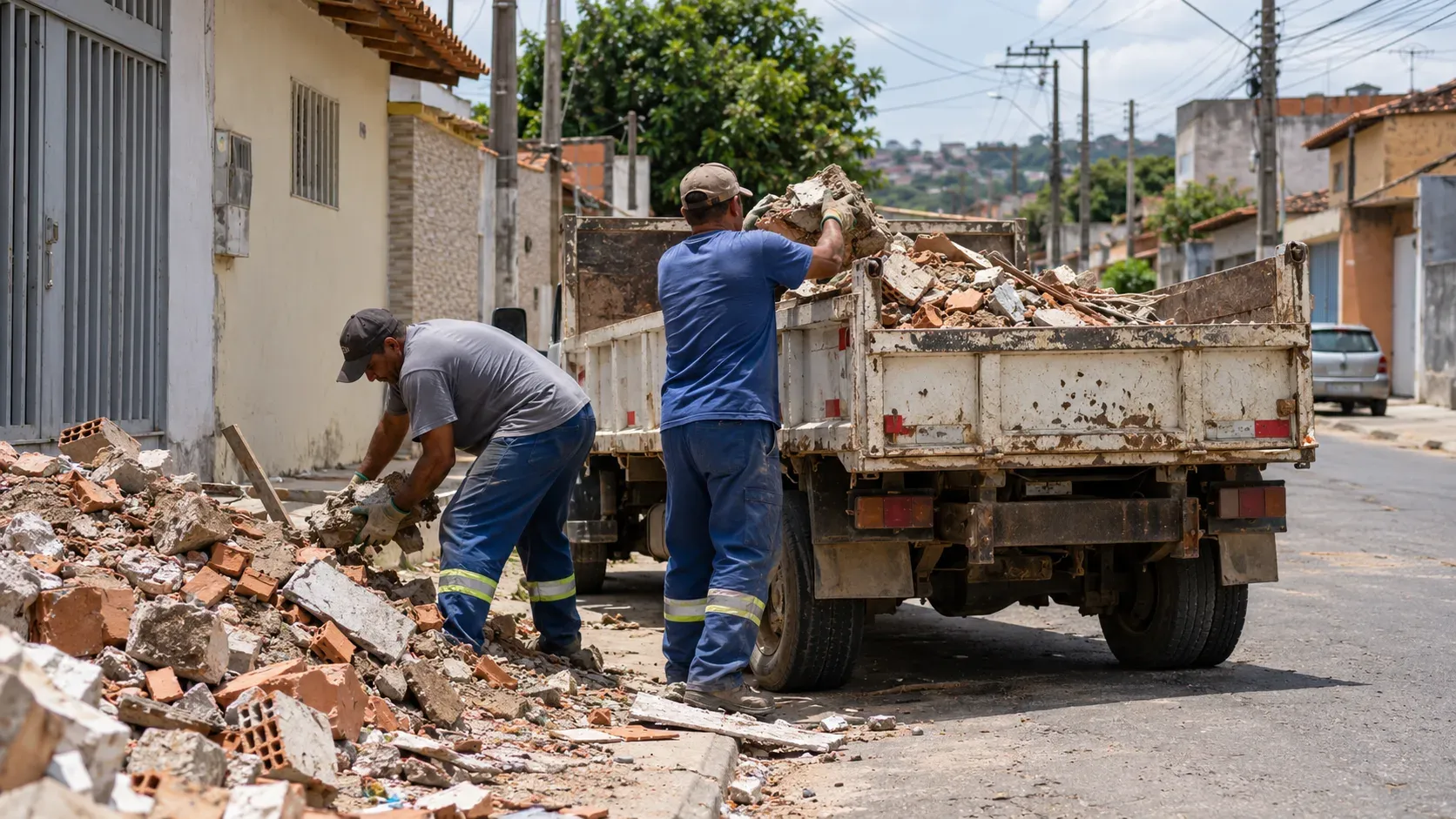 Equipe uniformizada carregando caminhão durante serviço de retirada de entulho em rua residencial