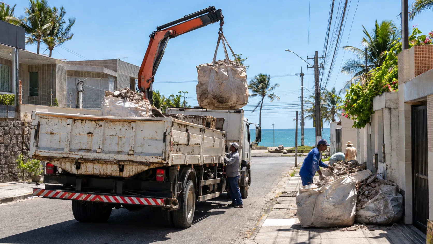 Caminhão de retirada de entulho carregando sacos de metralha em rua residencial de Pernambuco