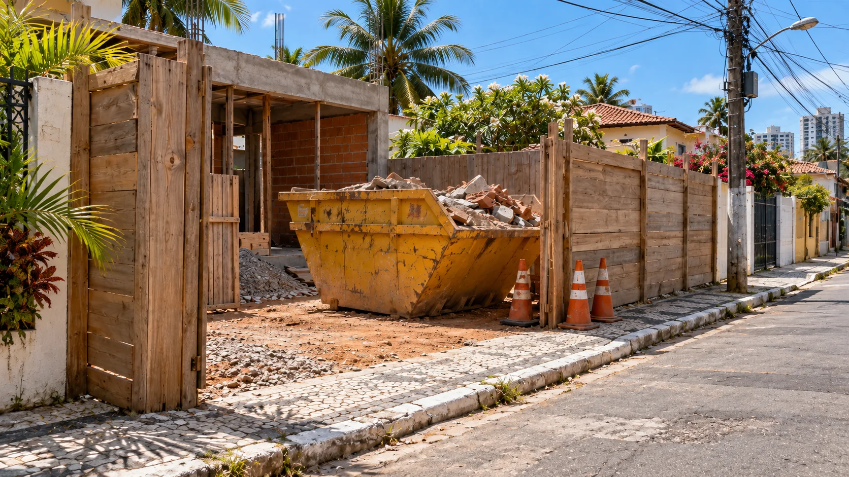 Caçamba amarela cheia de entulho posicionada corretamente na entrada de uma obra residencial, com cones de sinalização ao lado