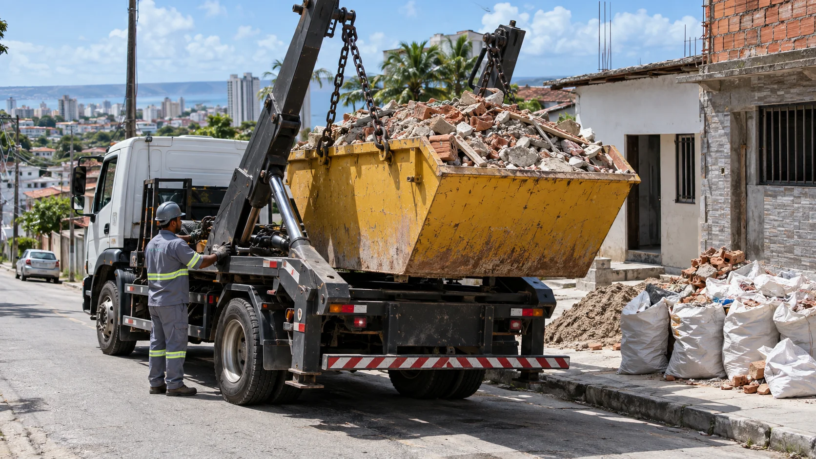 Caminhão com guindaste erguendo uma caçamba cheia de entulho de obra, com sacos de entulho ao lado e a cidade ao fundo