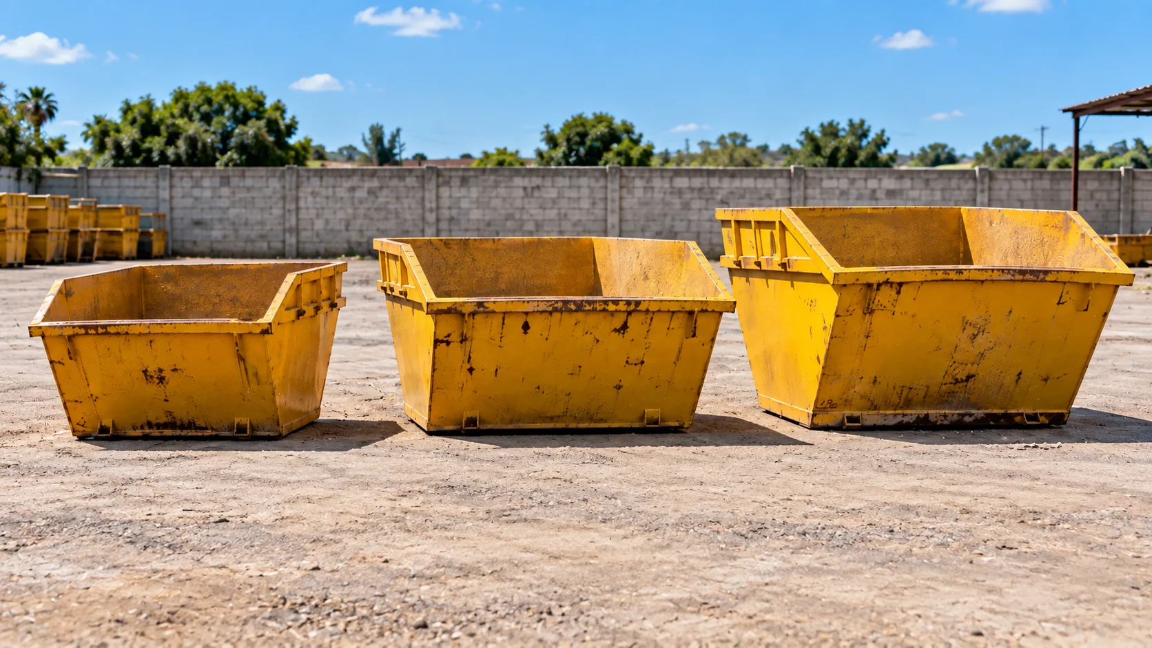Três caçambas metálicas amarelas vazias lado a lado, em tamanhos crescentes, comparando 3, 4 e 5 m³